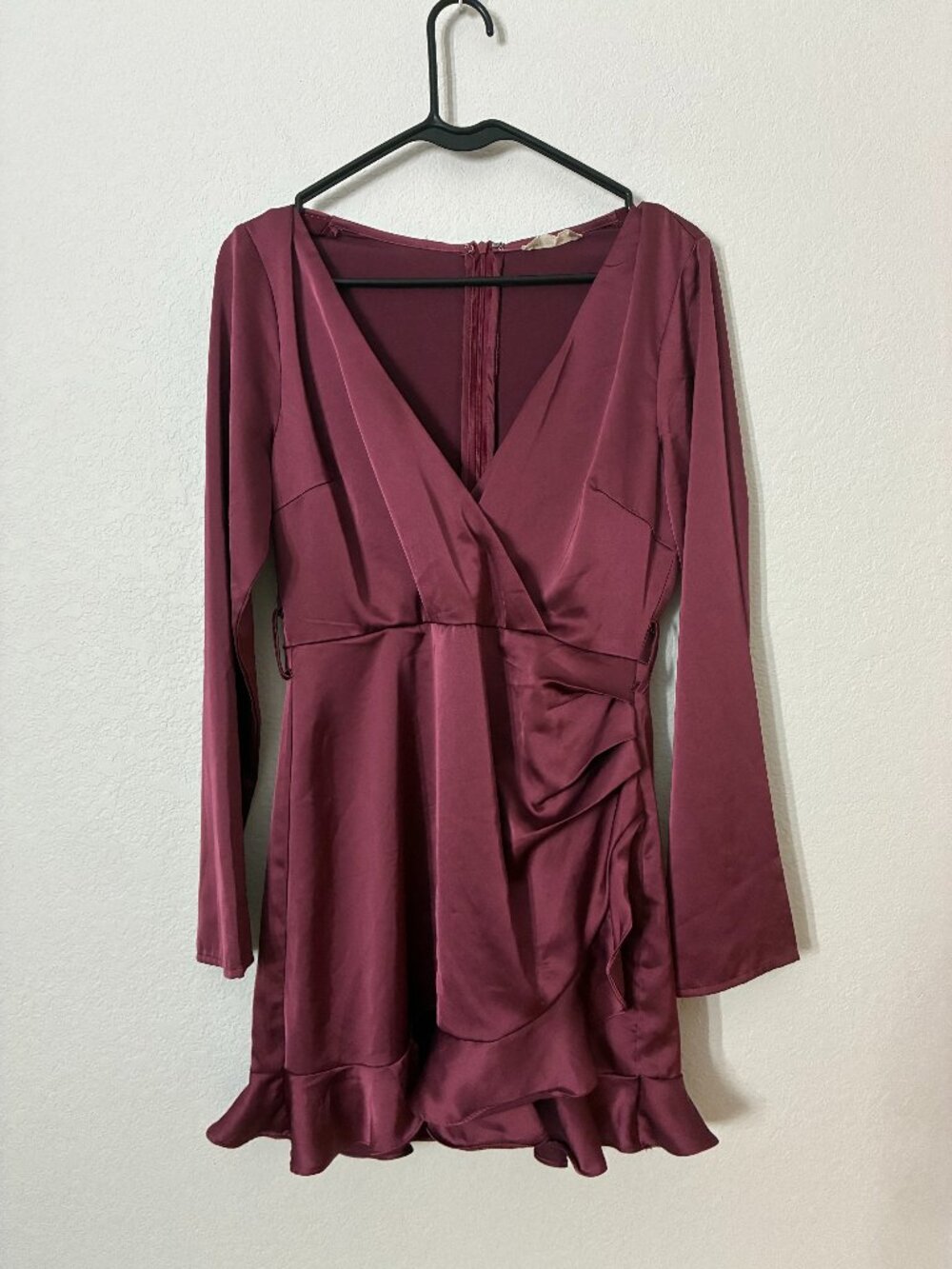 Altar'd State Burgundy Satin Faux Wrap Ruffle Mini Dress M